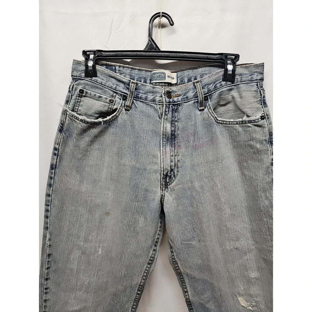 Levi Strauss Signature Men Blue Relaxed Fit Distressed Classic Denim Jeans 36x30